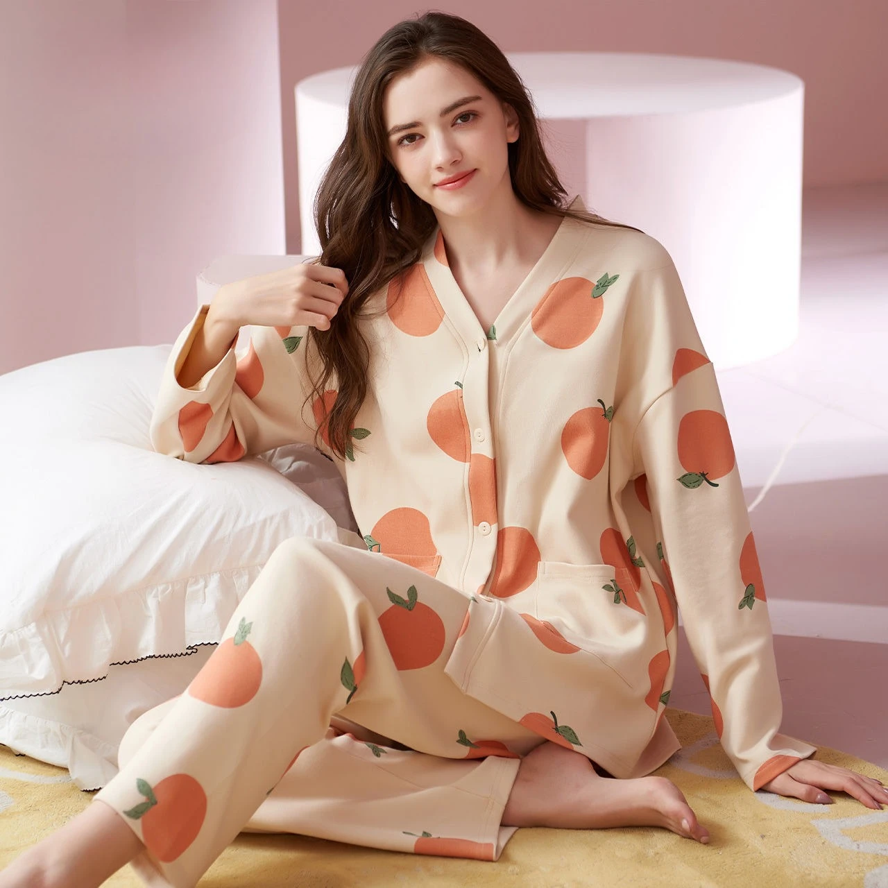 2025 New Pajamas for Women Long-sleeved Pijamas Sleepwear Cute Orange Large Size Loungewear Suit Sleepwear 2pcs