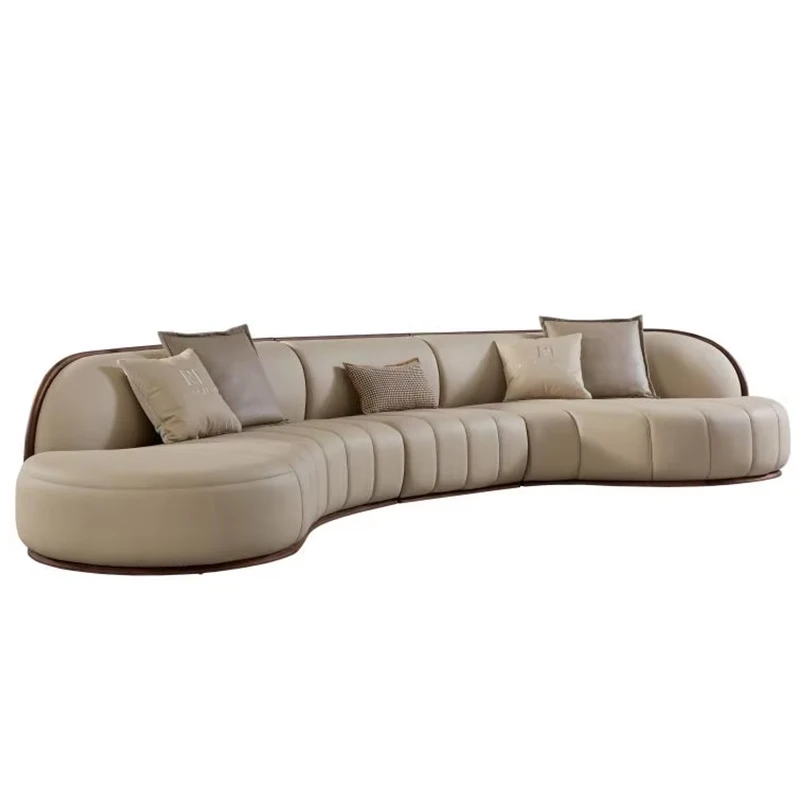 #Modern Curved Architectural Leather Three Seat Sofa with Wide Arms Solid Wood Base Organic Form for Large Spaces