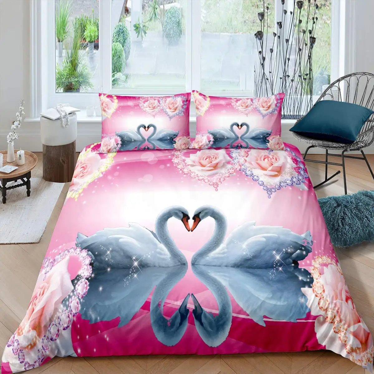 

Swan Bedding Set Romantic Flowers Duvet Cover King Birds Wildlife Quilt Cover for Couple Lady Man Wedding Festival Party Decor