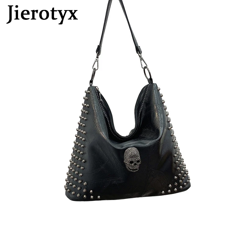 JIEROTYX Vintage Rivet Tote Bags Skull Design Bucket Bag Women Shoulder Bags Soft PU Leather Shopping Large Capacity Gothic