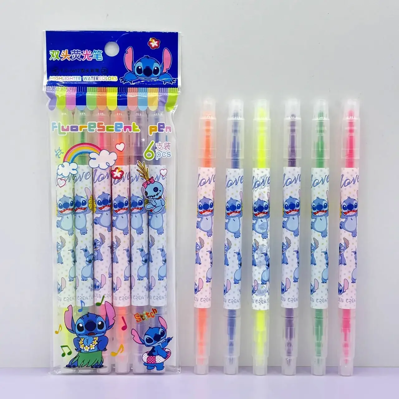 Disney 6pcs/set Anime Stitch Fluorescent Pen Cartoon Double Headed Marking Pen Gift High Beauty Student Stationery