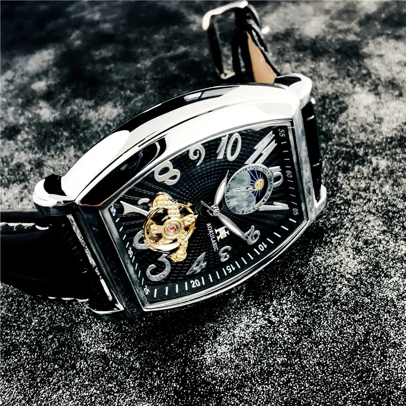 AOKULASIC Automatic Mechanical Mens Watches Top Brand Hollow Carved Tourbillon Watch Men Waterproof Luxury Moon Phase Oval Hours