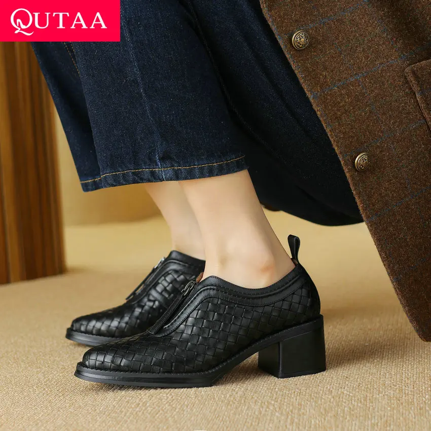 

QUTAA 2024 Women Pumps Thick Med Heels Pointed Toe Shoes Woman Spring Summer Concise Office Lady Working Pumps Size 35-41