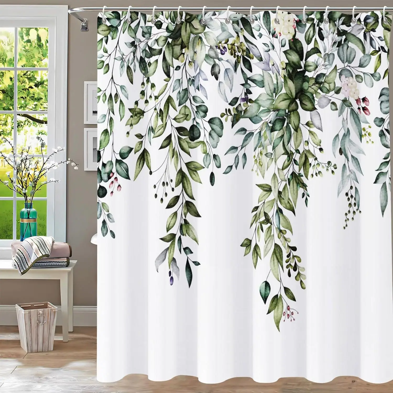 Green shower curtain, watercolor green leaf shower curtain suit waterproof plant shower curtain fabric with hook 180X180CM