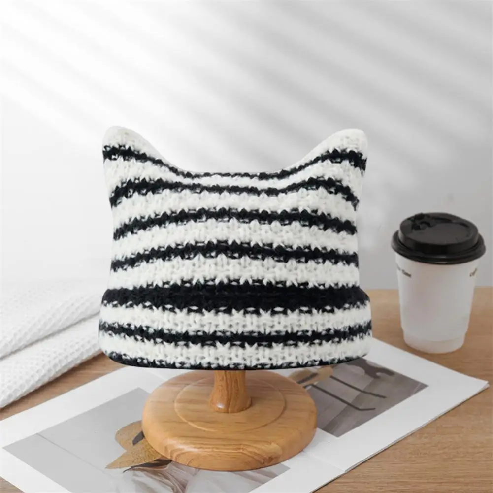 Contrast Color Winter Cap Cozy Winter Ladies Hat with Kitty Head Design Striped Star Fur Ball Decor Windproof Elastic for Warmth