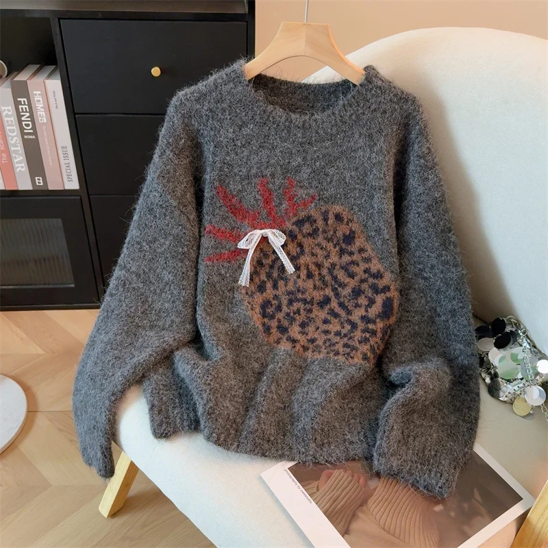 المرأة المشمش البلوز الفراولة سترة خمر 2000s البلوز متماسكة طويلة الأكمام س الرقبة سترة الكشمير المعنقة للنساء الخريف الشتاء #3