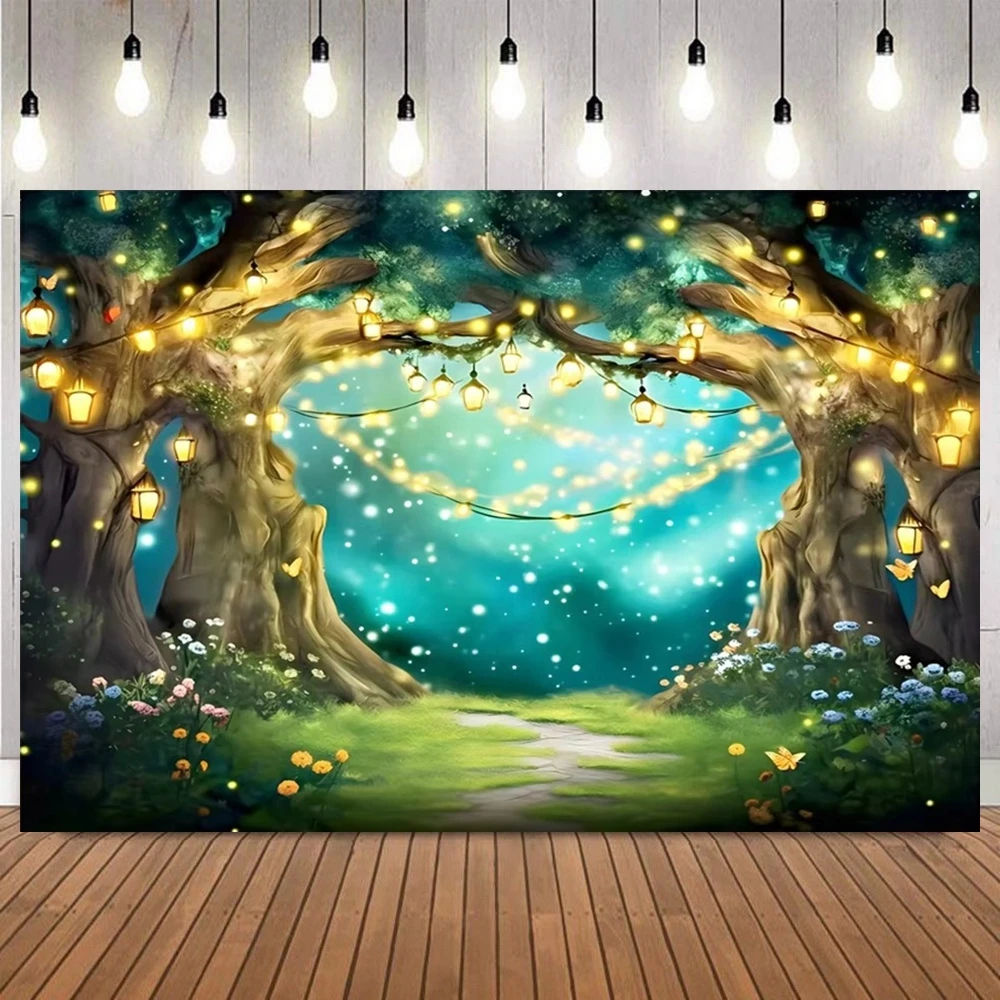 Mystical Fantasy Glowing Forest Backdrop Firefly Castle Mushroom Baby Shower Birthday Party Wedding Home Decor Photo Background