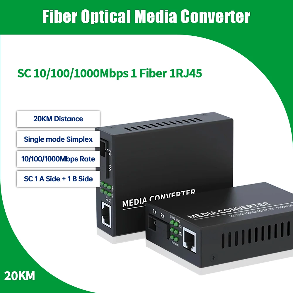 

Гигабитный оптоволоконный медиаконвертер 10/100/1000M 1 оптоволокно 1 RJ45 20 км SC одномодовый simplex с адаптером питания