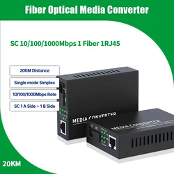 Gigabit Fiber Optical Media Converter 10/100/1000M 1 Fiber 1 RJ45 20KM SC single mode simplex with power adapter