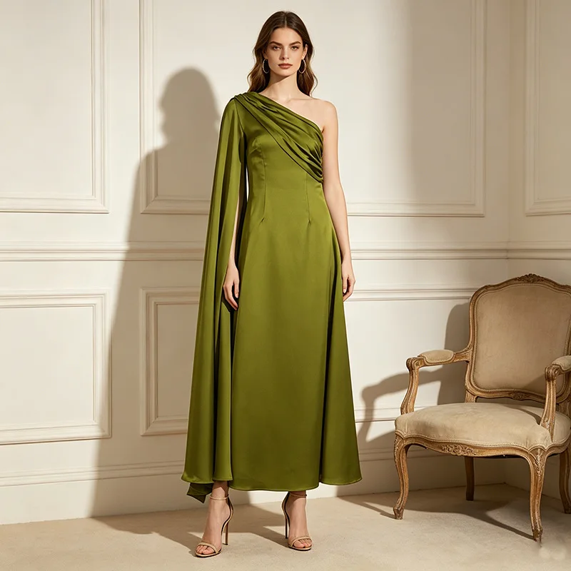 

High Quality Sloping Shoulders Dresses Spring Women Unilateral Sleeve Ribbon Zipper Dress High Waist Casual Knee Length Dress