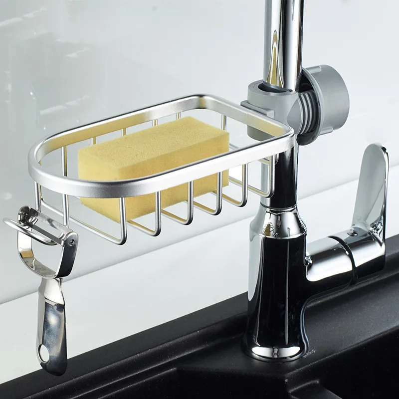 Bathroom Faucet Shelf Space Aluminum Kitchen Sink Sponge Drain Rack Black Silver Bathroom Shower Storage Rack Sundries Holder