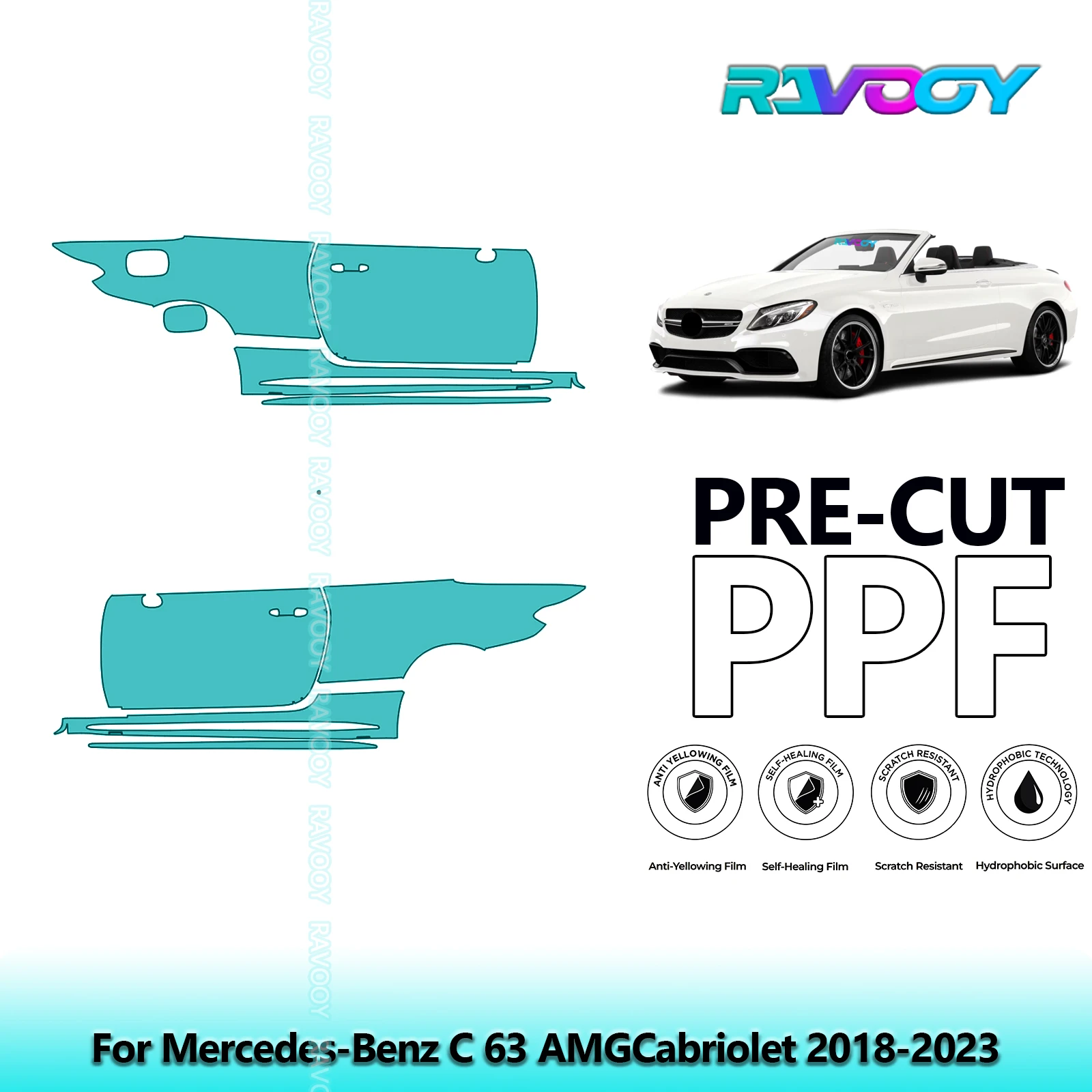 

For Mercedes-Benz C 63 AMGCabriolet 2018-2023 8.5mil Clear Matte Pre-Cut PPF Door & A/B Pillar Kit TPU Paint Protection Film Set