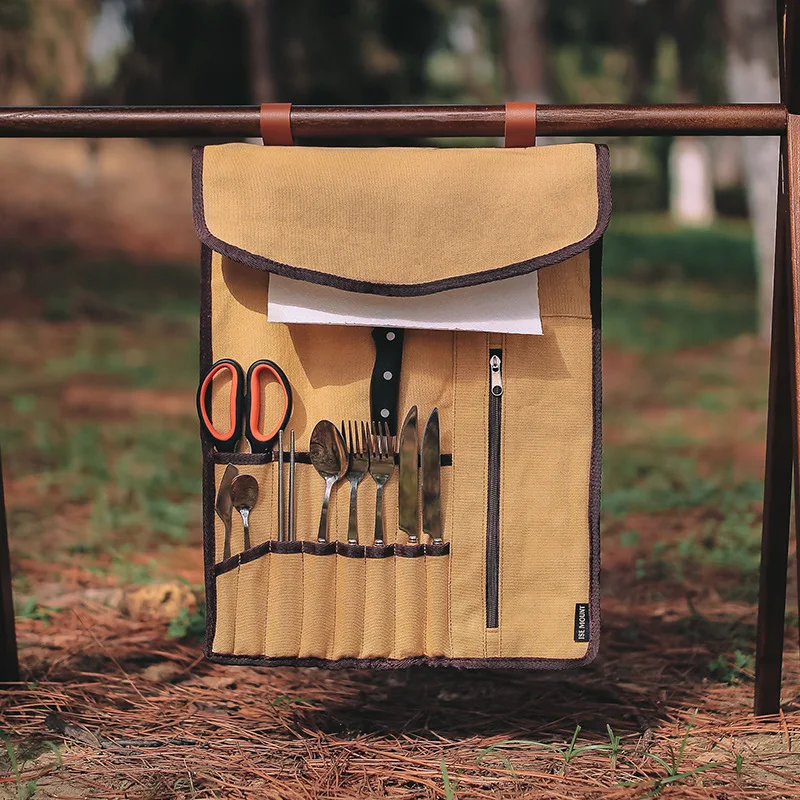 

Сумка для хранения кухонных принадлежностей для кемпинга на открытом воздухе, портативный подвесной холщовый рулон для хранения, кожаная подвесная веревка