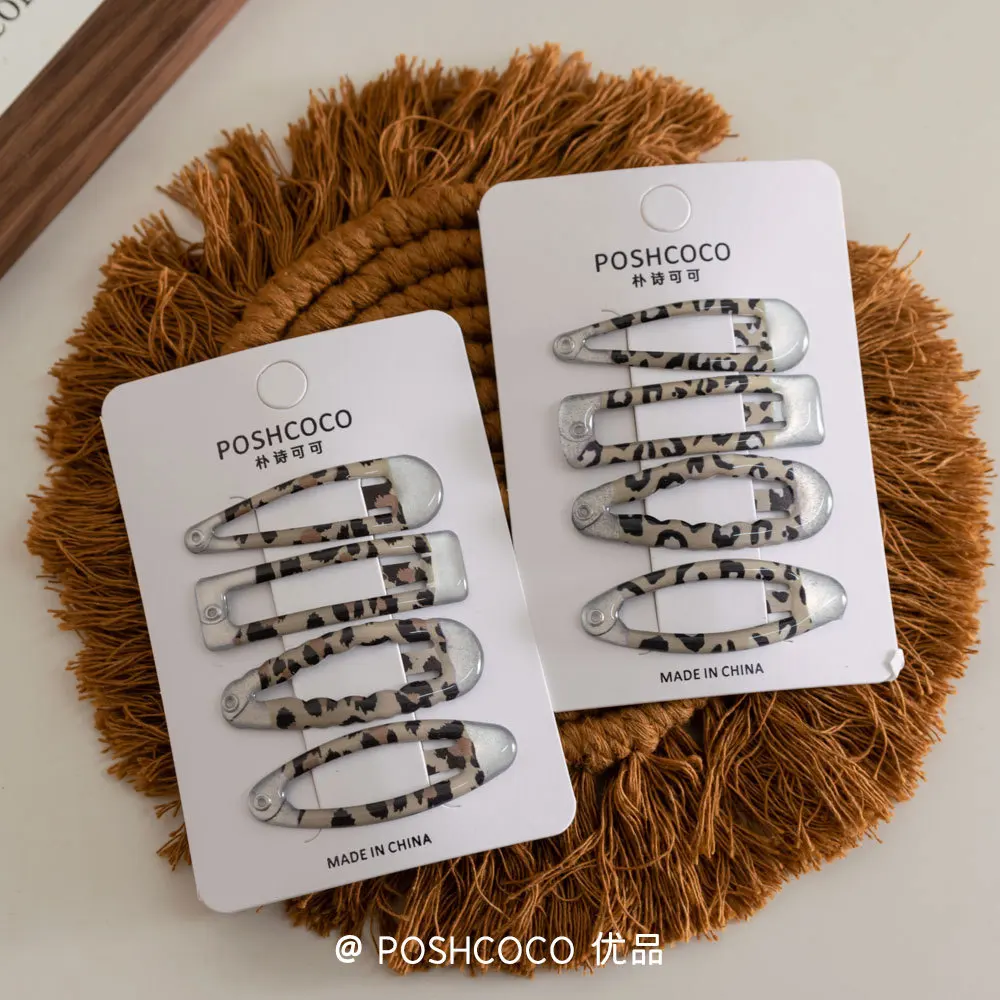 

Leopard BB Clips 4PCS Set Geometric Sweetheart Colorblock Hair Clips Non-Slip Side Bangs Claws