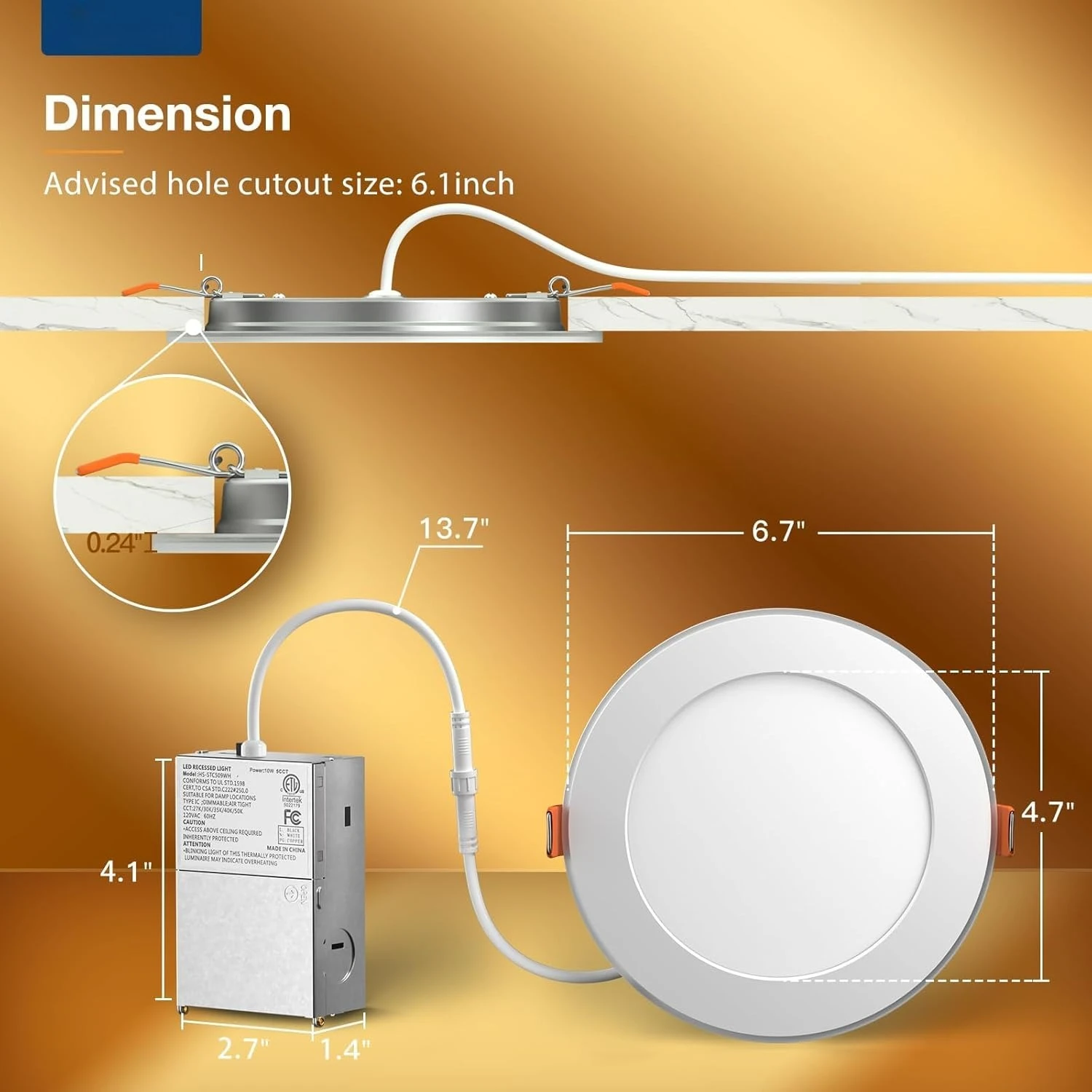 

6 Inch 5CCT LED Recessed Ceiling Light with Night Light, 2700K/3000K/3500K/4000K/5000K Selectable Ultra-Thin Recessed Lighting