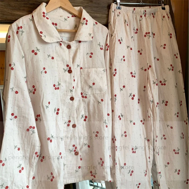 

Long Sleeve Pajama Sets Double Layer Cotton Gauze Sleepwear Women Cute Lapel Collar Shirt Pants 2Pcs Pijamas De Mujer Homewear