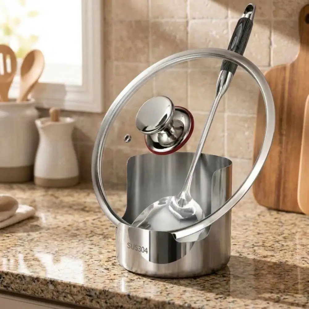 Stainless Steel Pot Lid Storage Rack Stable Non-Slip Spatula Holder Vertical Heat-Resistant Spoon Holder Dinning Table