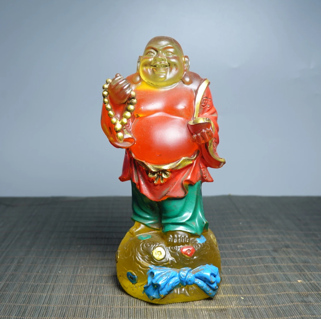 Ancient China Colored Glaze Colorful Liuli Crystal Maitreya Buddha Statue Fengshui Home Decor Decoration Accessories Living Room