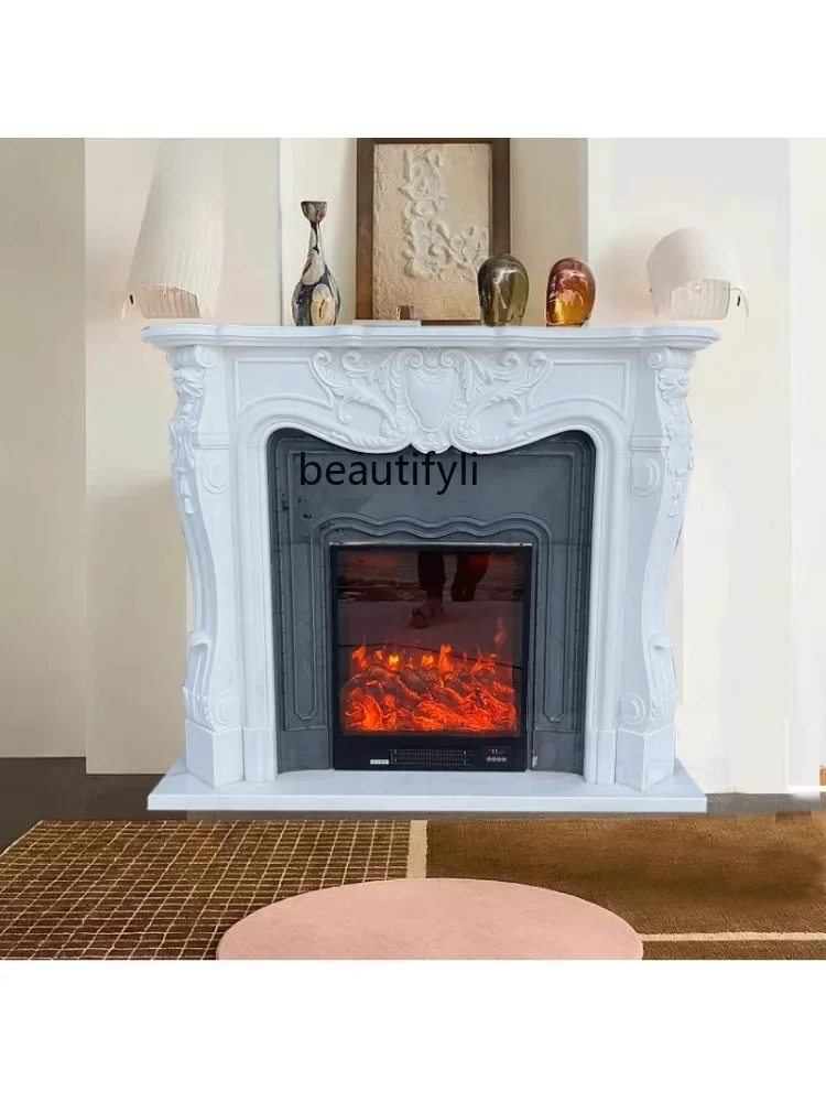 CQYMarble fireplace white marble European stone carving retro interior entrance decorative cabinet ornament stone fireplace