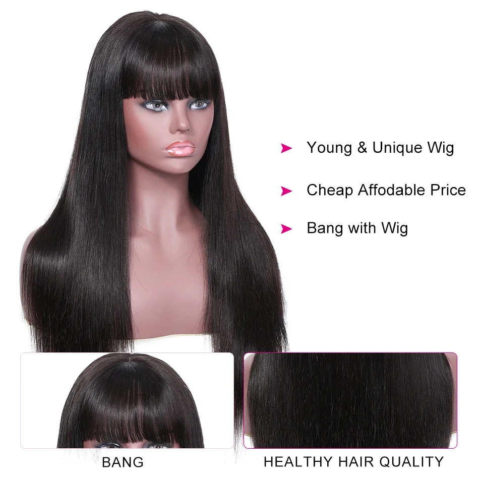 Wig rambut manusia warna alami dengan poni Wig lurus tulang dengan Wig pinggiran poni mesin penuh dibuat Wig rambut Remy Peruvian