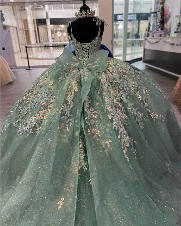 Vestidos Quinceanera verde menta, vestidos de espartilho florais com renda com apliques de luxo, 15 Quinceanera, 2024