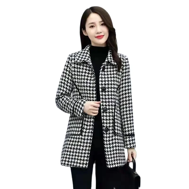 

Plaid Woolen Jacket Women Nice Pop Spring Autumn Fashion Loose Long-sleeved Single-breasted Outwear Woolen Coat Female Overcoat