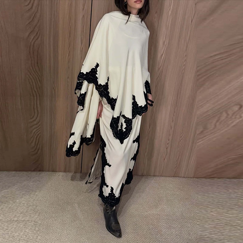 

Spring O-neck Top with Long Skirt Women's Suit Elegant Temperament Loose Outfits Sexy Black Lace Patchwork Party Two Piece Sets