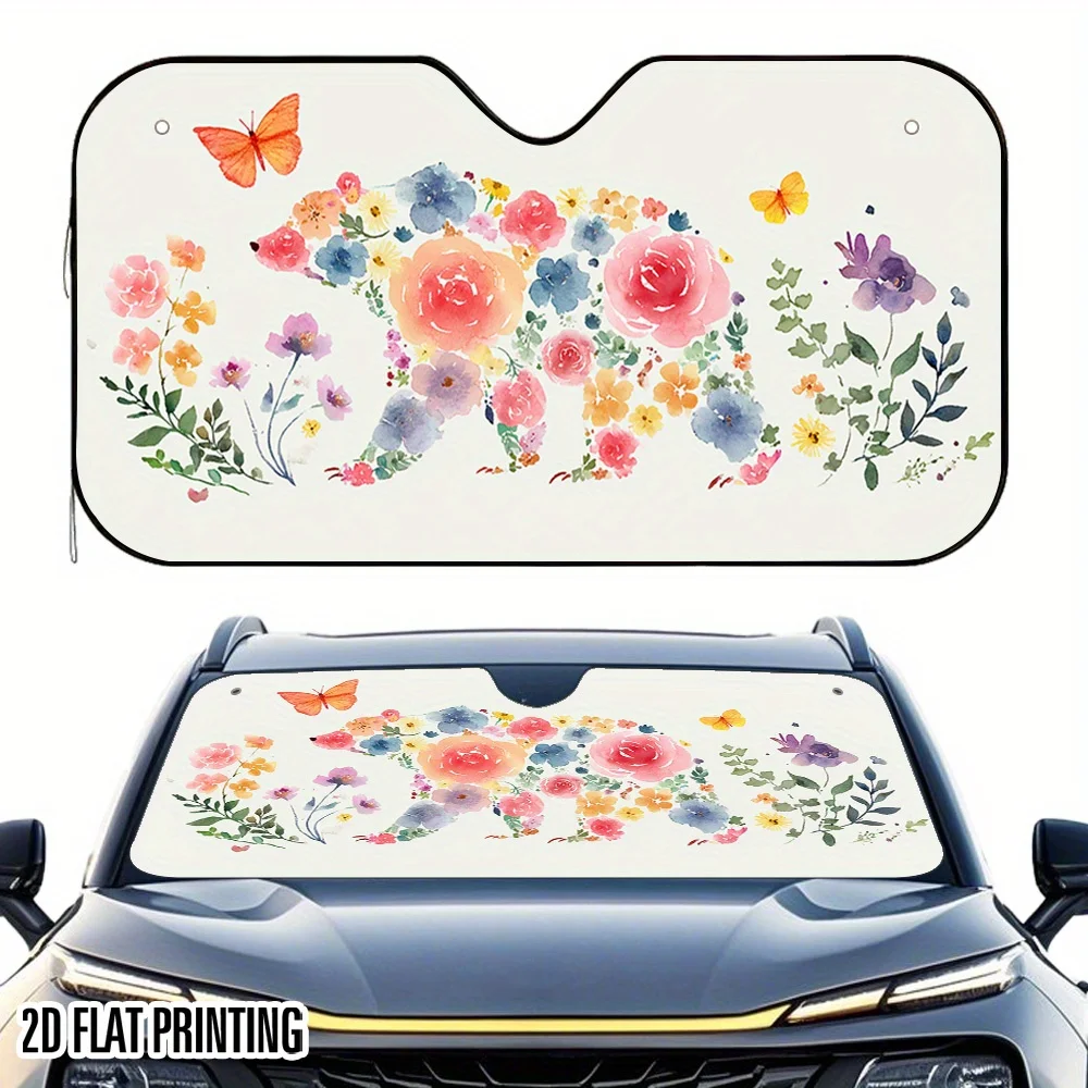 1pc 2D Flat Flower Bear And Butterfly Print Car Sunshade – Stylish & Efficient, Includes 4 Suction Cups, Foldable For Easy Stora