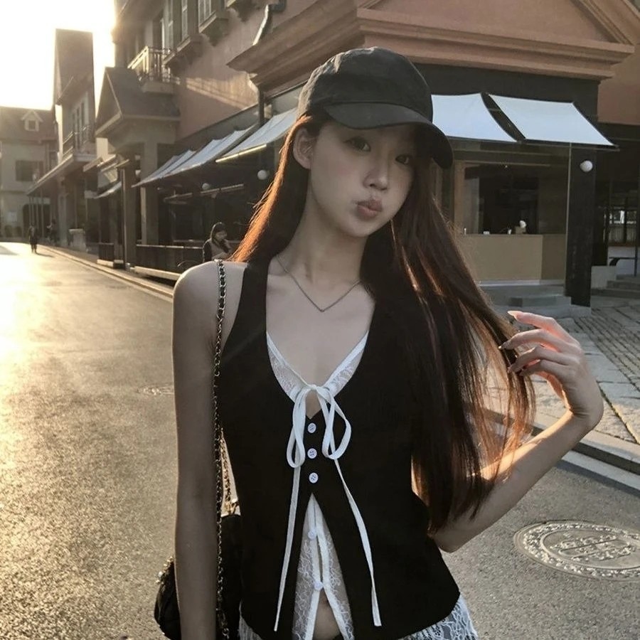 Y2K Aesthetic Women's Punk Vest Tee Harajuku Goth Subculture Fake Two Piece Bodycon T-Shirt Bow T Shirts Alternative Summer Top