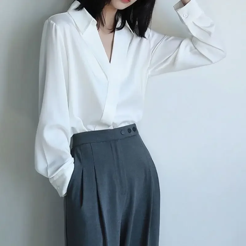 Women Shirt V-neck Loose Fit Solid Cozy Korean Fashion Office Lady All-match Chic Designed Temperament Chiffon Tops Spring Ins