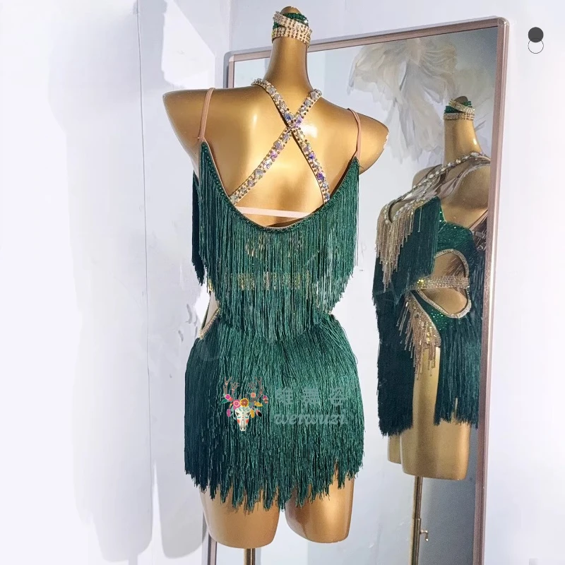 Lateinamerikanisches Tanzkleid mit Fransen für Damen, Maßanfertigung mit AB-Steinen, Performance-Kleidung für Tango und Cha-Cha, Professionelle Tanzkleider – Detail 6