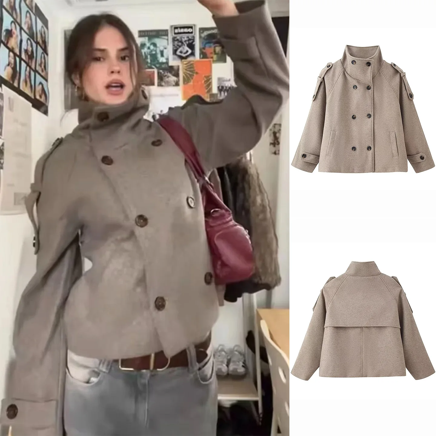 

Briti Sle Women's Winter Jaet New Arrival Loose Fit Notched Collar Long Sve Double Breasted ort Length Woolen Coat