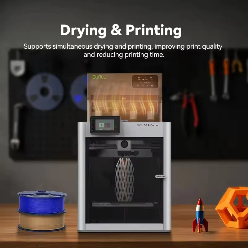 سخان AMS الرسمي من SUNLU، من 20 دقيقة إلى 70 ° C، جاف وطباعة في وقت واحد. مجاري مزدوجة، حرارة موحدة. توافق AMS بالكامل، والرطوبة الذكية