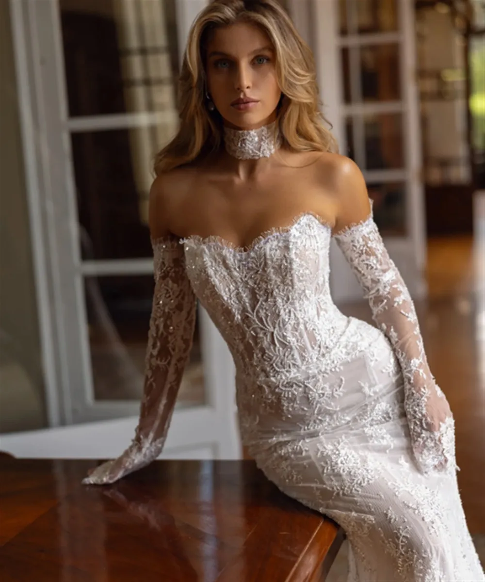 

Mermaid Lace Wedding Dresses Illussion Strapless Sequins Pearl Backless Bride Prom Gown Floor-Length Tail Bridal Gown Customized