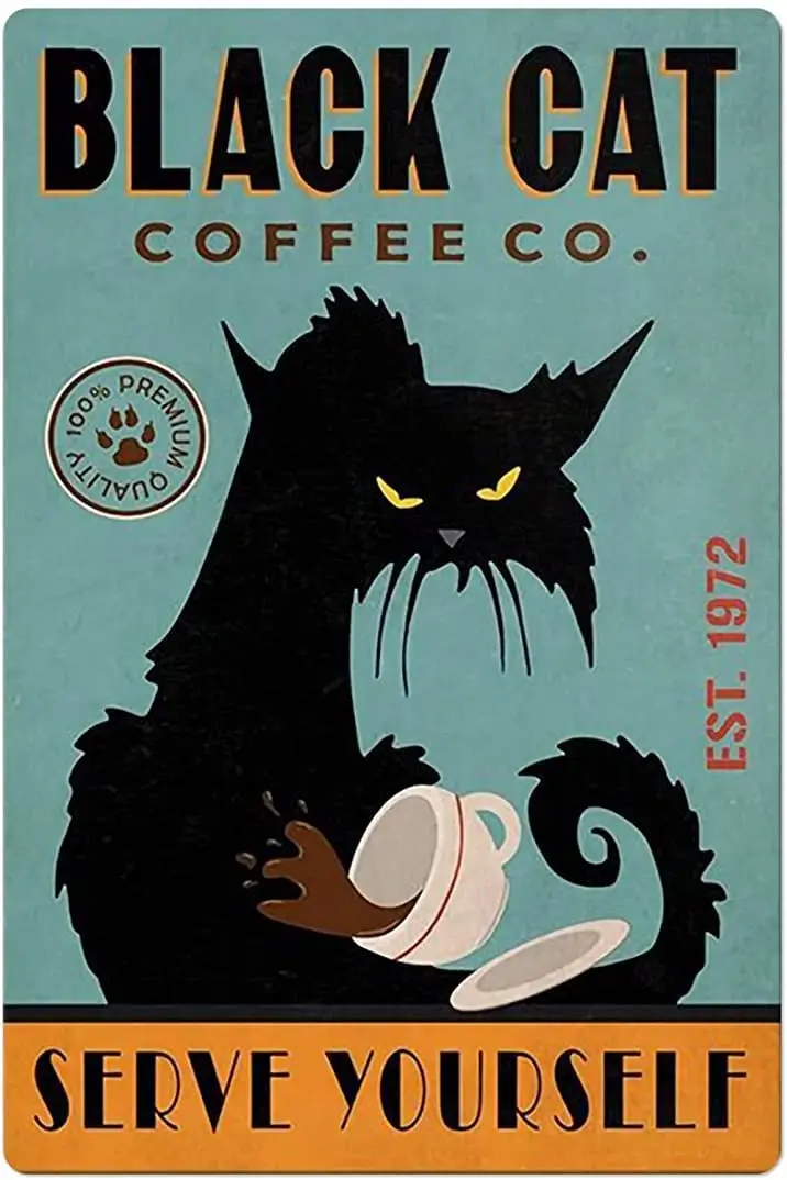 Vintage Metal Sign Black Cat Coffee Black Cat Spilling Coffee,Serve Yourself Tin Sign Wall Poster Decor Funny Retro Bar Coffee