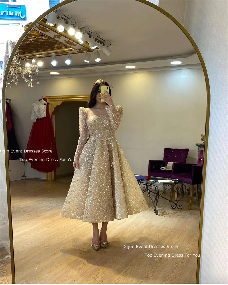 Xijun Glitter Wedding Dress Sequined Short Long Sleeves Bridal Gowns Prom Dresses 2024 Saudi Arabric Wedding Party Dress Luxury