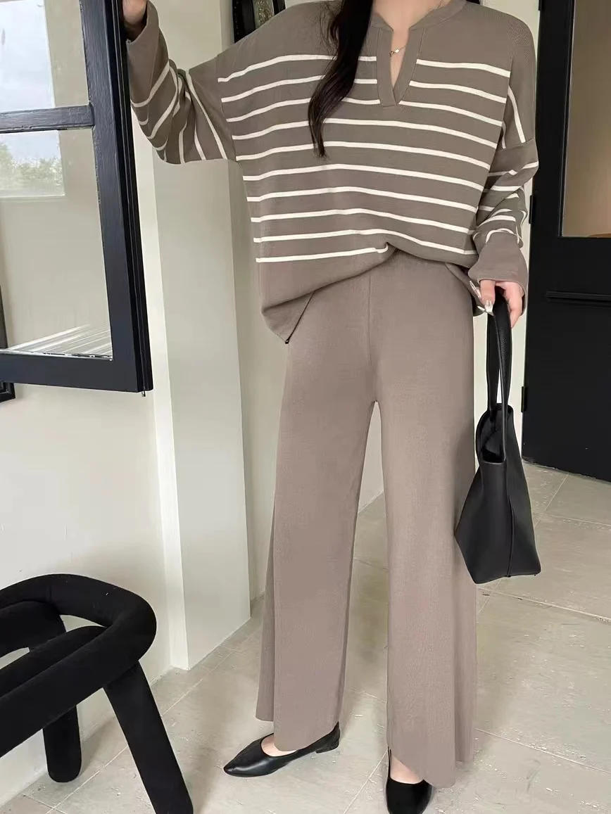 Women Sweater Pant Set Winter Knitted Casual Pullovers Suits Long Sleeve Autumn Loose Tops Elastic Striped Elegance Sweaterpants