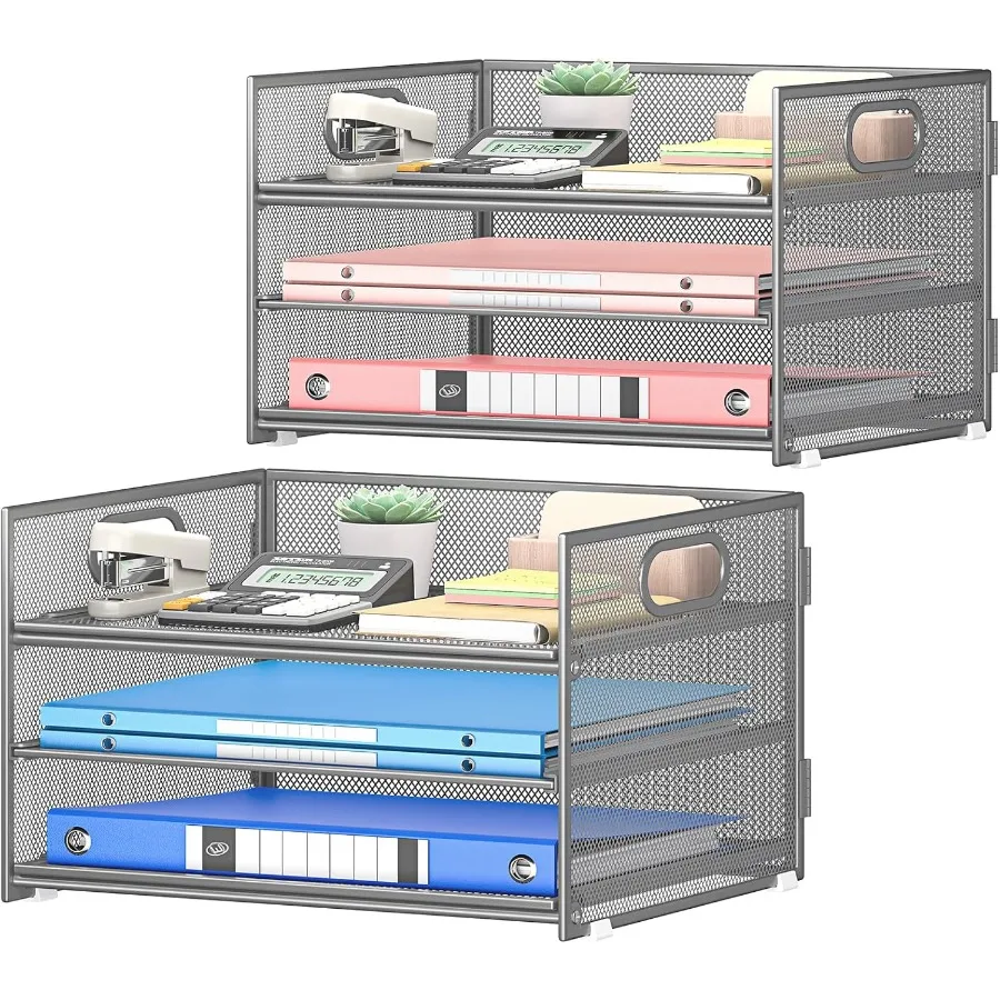 2-حزمة 3-Tier رمادي شبكة معدنية مكتب ورقة رسالة صينية ملف فارز المنظم مع مقبض + 1 صينية منزلقة لمكتب المنزل مكتب Sc #2