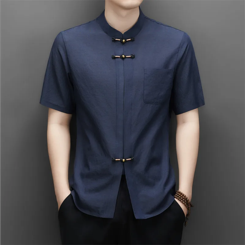 Premium Solid Frog Button Shirts For Men Short Sleeve Exquisite Summer High-Quality Tang Costume Linen Contain Camisas De Hombre