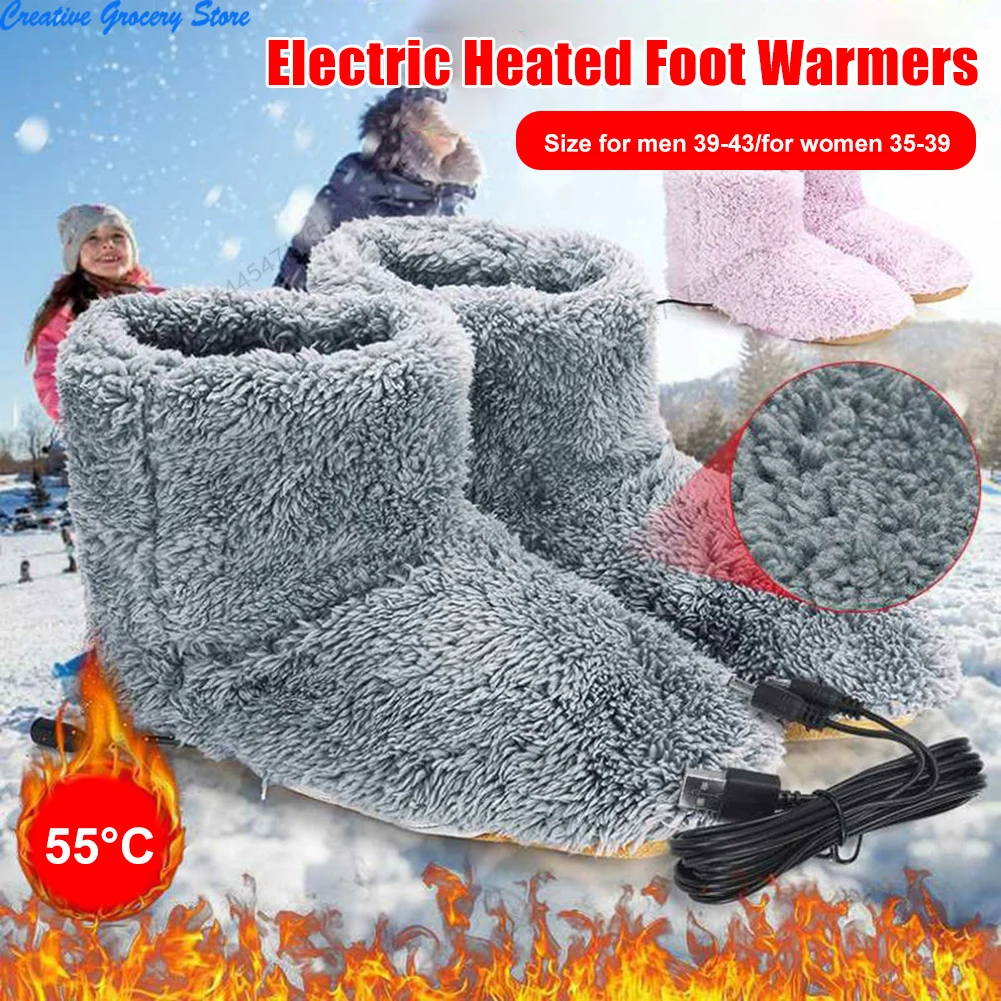 Winter USB Heated Shoe for Men Women Foot Warmer Boot Plush Electric Slippers Washable Electric Shoe Warming Pad Heating Insoles