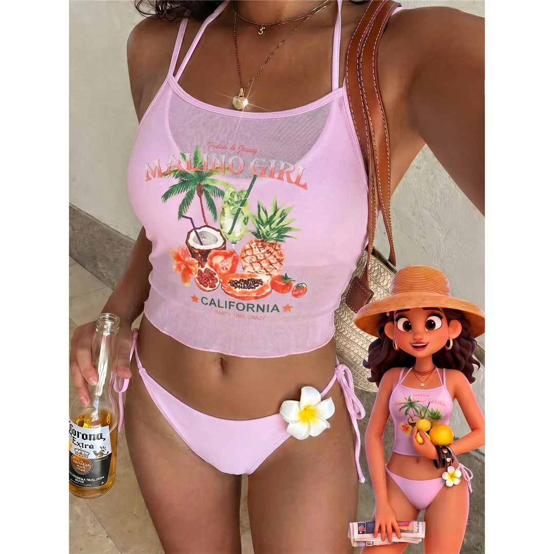 Neuer bedruckter Bikini mit Weste und Neckholder, Damen-Badeanzug, dreiteiliges Bikini-Set, gepolsterter Badeanzug, Badebekleidung, Schwimmanzug V8309 – Detail 3