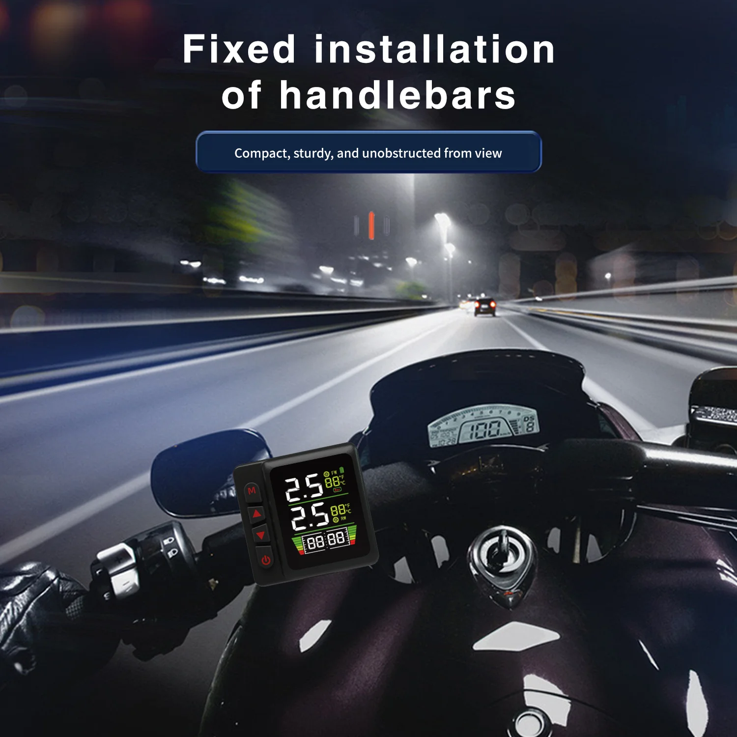 شاشات ضغط إطارات الدراجات النارية للهاتف ، نظام إنذار مراقبة درجة الحرارة ، الساعة ، QC3.0 ، شحن سريع USB ، TPMS ، مقاوم للماء