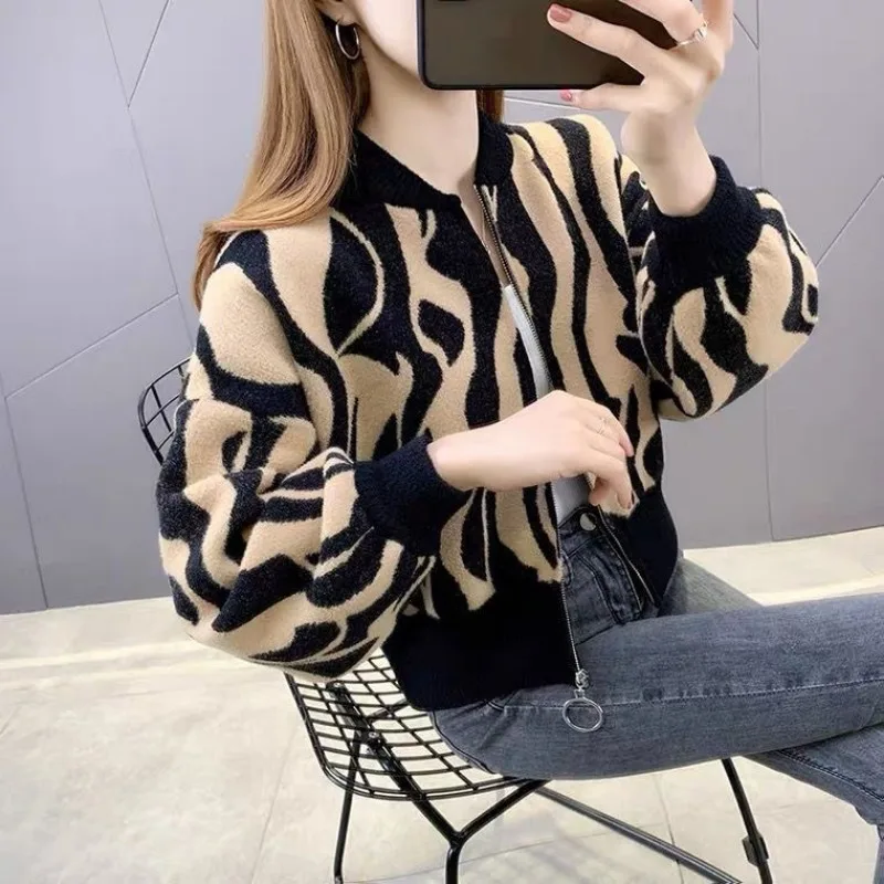 Fashion Women Zebra Pattern Knit Jacket Stand Collar Zip Up Long Sleeve Casual Cardigan