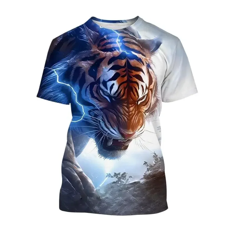 Summer Fashion Cool Animal Tiger Print Crew Neck Short Sleeve T-shirt Personality Trend Casual Street Style Casual Plus Size Top