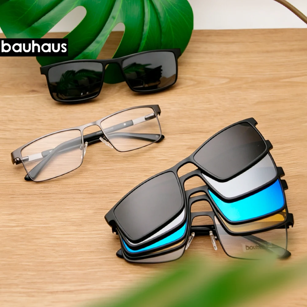 X304 Bauhaus New Multi Function 4 in 1 Men Metal Eyewear Frame with Magnetic Clip on Dark Sunglasses