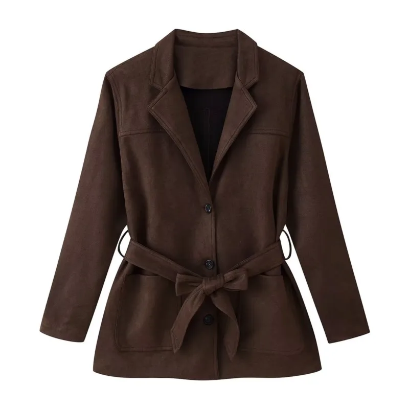 

HipSeam Women Belted Faux Suede Jacket Autumn Turn Down Collar Long Sleeve Causal Women's Coat Female Chic Tops