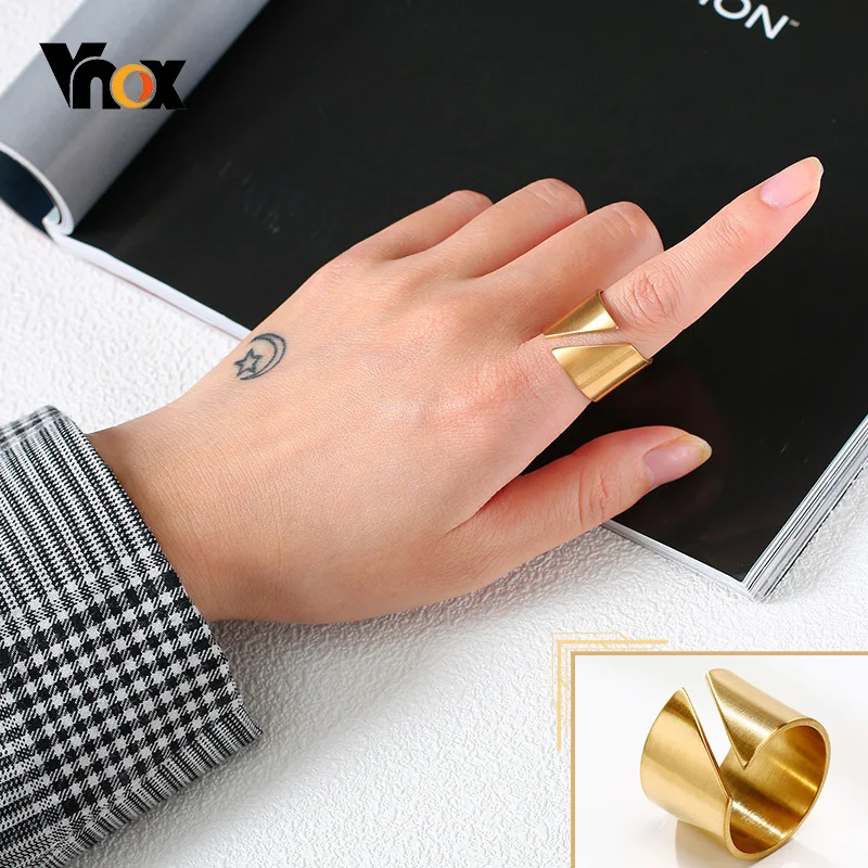 Vnox Chic Geometric Rings for Women, 15mm Wide Gold Color Stainless Steel Wedding Bands, Rock Punk Finger Gifts for Her Jewelry