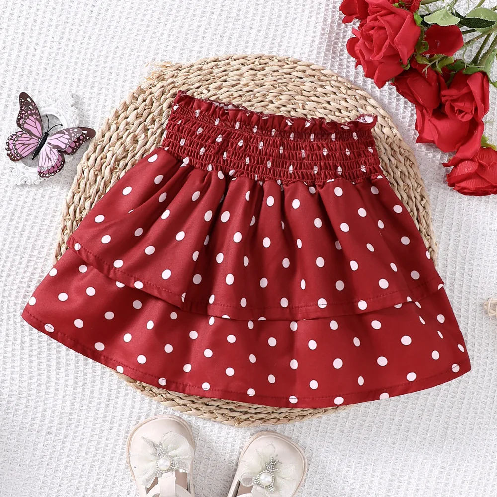 

2024 Spring Autumn Summer Princess Girl Ruched Ruffles Dot Red Skirt Cute Baby Girls Toddler Ballet Tutu 18M-7Y