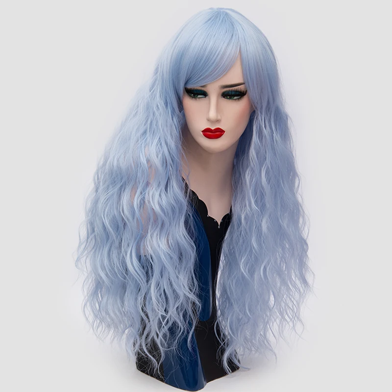 باروكة كوسبلاي زرقاء صناعية مقاومة للحرارة للنساء، تصميم طويل مموج مع ملحق جانبي مثالي للهالوين #5