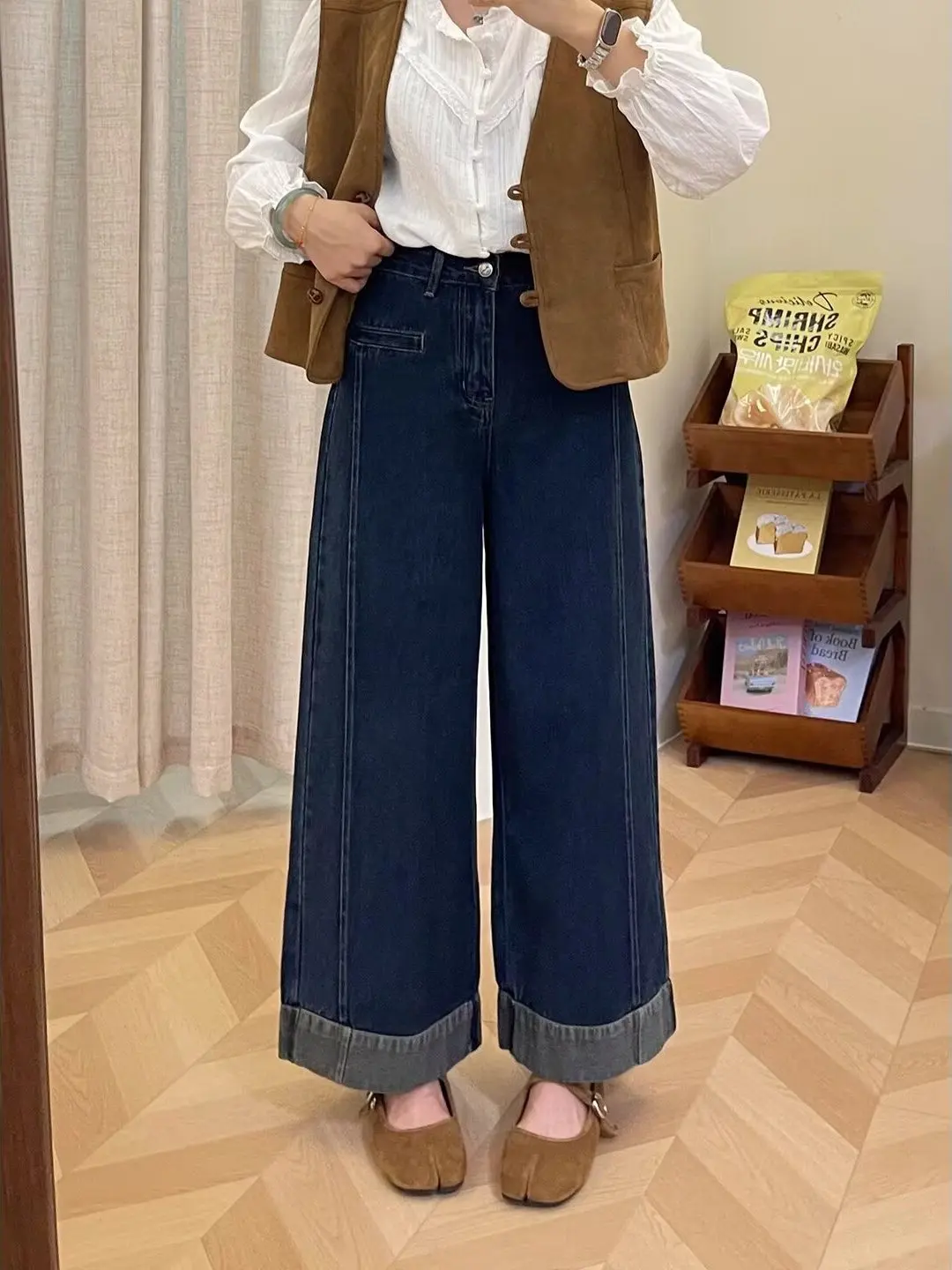 Amerikaanse Sle hoge taille wijde pijpen jeans dames losse pasvorm herfst winter plus maat afslankende rechte negendelige broek